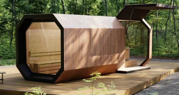 Scandi garden sauna on a wooden patio in a garden